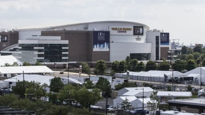 Jul 20, 2016; Philadelphia, PA, USA; Wells Fargo Center, the scene of the 2016 democratic national convention as seen from Citizens Bank Park prior to action between the Philadelphia Phillies and the Miami Marlins. Mandatory Credit: Bill Streicher-USA TODAY Sports