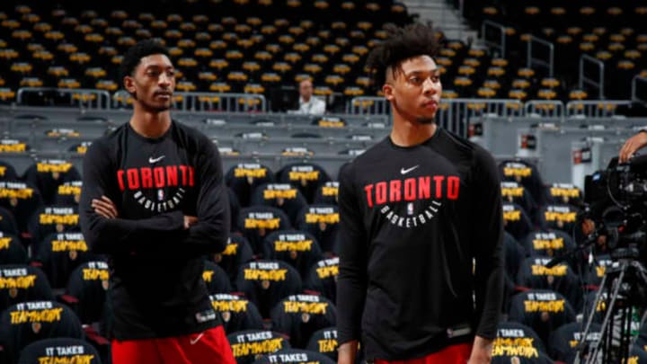 CLEVELAND, OH – MAY 5: Malcolm Miller #13 and Malachi Richardson #22 of the Toronto Raptors looks on prior to Game Three of the Eastern Conference Semi Finals of the 2018 NBA Playoffs against the Cleveland Cavaliers on May 5, 2018 at Quicken Loans Arena in Cleveland, Ohio. NOTE TO USER: User expressly acknowledges and agrees that, by downloading and/or using this Photograph, user is consenting to the terms and conditions of the Getty Images License Agreement. Mandatory Copyright Notice: Copyright 2018 NBAE (Photo by Jeff Haynes/NBAE via Getty Images)