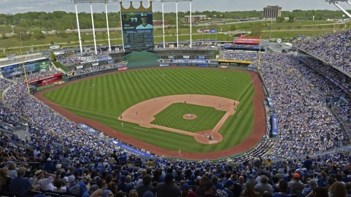 Apr 24, 2016; Kansas City, MO, USA; A general view of Kauffman Stadium during a game between the Kansas City Royals and the Baltimore Orioles. Kansas City won 6-1. Mandatory Credit: Peter G. Aiken-USA TODAY Sports