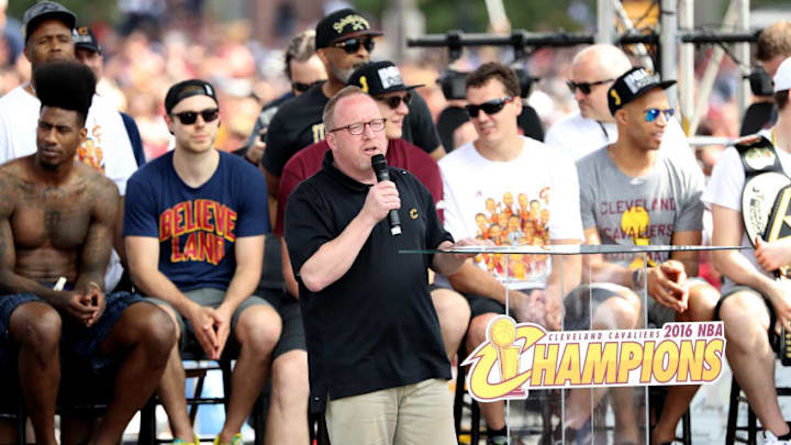 CLEVELAND, OH - JUNE 22: Cleveland Cavaliers general manager David Griffin speaks onstage during the Cleveland Cavaliers 2016 NBA Championship victory parade and rally on June 22, 2016 in Cleveland, Ohio. (Photo by Mike Lawrie/Getty Images)