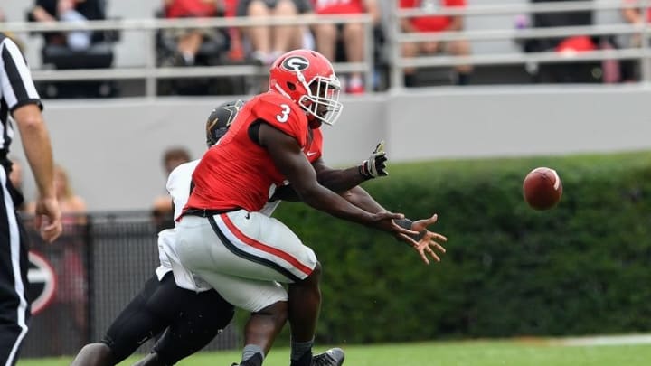 Oct 15, 2016; Athens, GA, USA; Georgia Bulldogs linebacker Roquan Smith (3) breaks up a pass in front of Vanderbilt Commodores wide receiver Darrius Sims (6) during the second quarter at Sanford Stadium. Mandatory Credit: Dale Zanine-USA TODAY Sports