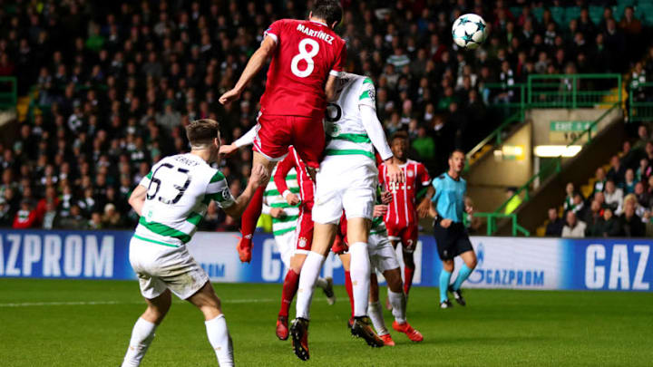 GLASGOW, SCOTLAND - OCTOBER 31: Javi Martinez of Bayern Muenchen scores his side's second goal during the UEFA Champions League group B match between Celtic FC and Bayern Muenchen at Celtic Park on October 31, 2017 in Glasgow, United Kingdom. (Photo by Chris Brunskill Ltd/Getty Images)
