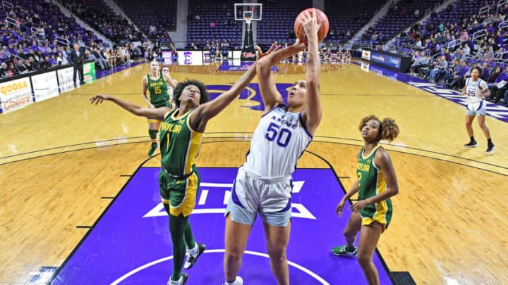 MANHATTAN, KS - FEBRUARY 08: Ayoka Lee #50 of the Kansas State Wildcats scores a basket against NaLyssa Smith #1 of the Baylor Lady Bears during the first quarter on February 8, 2020 at Bramlage Coliseum in Manhattan, Kansas. (Photo by Peter G. Aiken/Getty Images)