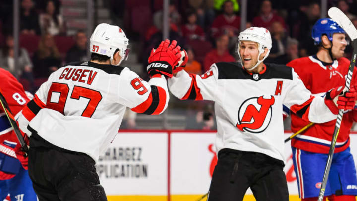 MONTREAL, QC - NOVEMBER 16: New Jersey Devils left wing Nikita Gusev (97) shows pride after scoring a goal during the New Jersey Devils versus the Montreal Canadiens game on November 16, 2019, at Bell Centre in Montreal, QC (Photo by David Kirouac/Icon Sportswire via Getty Images)