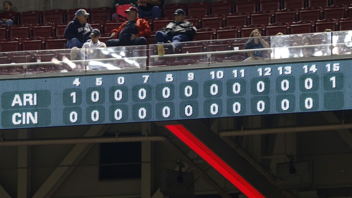 CINCINNATI, OH – JULY 28: The scoreboard is seen after the Arizona Diamondbacks scored the go ahead run in the top of the 15th inning of the game against the Cincinnati Reds at Great American Ball Park on July 28, 2014 in Cincinnati, Ohio. The Diamondbacks won 2-1 in 15 innings. (Photo by Joe Robbins/Getty Images)
