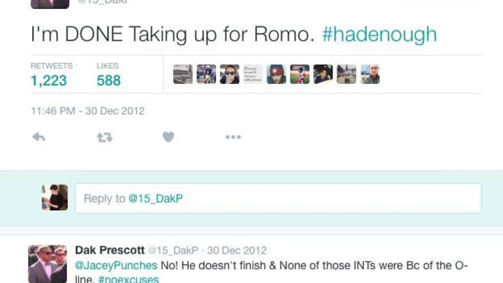 Dak Prescott on Twitter: %22I'm DONE Taking up for Romo. #hadenough%22 2016-04-30 20-51-55