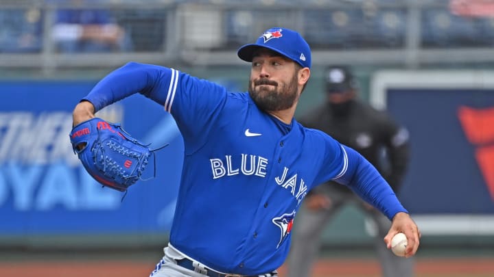Apr 18, 2021; Kansas City, Missouri, USA; Toronto Blue Jays starting pitcher Robbie Ray (38) delivers a pitch during the first inning against the Kansas City Royals at Kauffman Stadium. Mandatory Credit: Peter Aiken-USA TODAY Sports