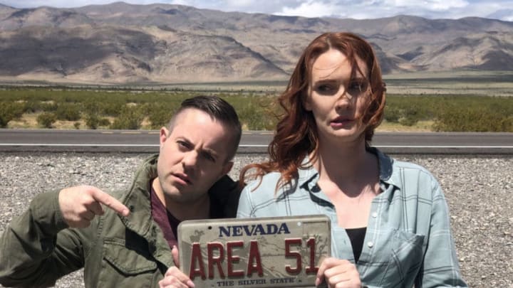 Mysteries Decoded -- "Area 51" -- Image Number: MSD104_0007r.jpg -- Pictured (L-R): Ryan Sprague and Jennifer Marshall -- Photo: MorningStar Entertainment -- © 2019 The CW Network, LLC. All rights reserved.