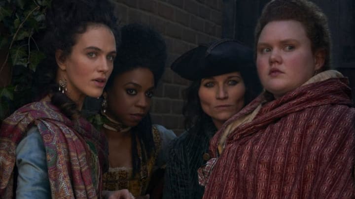 HARLOTS -- Episode 302 -- With CharlotteÕs brothel fire-damaged and all of her savings up in smoke, she is determined to retaliate - but the Wells women will need to be clever: The Pinchers are violent men. Lucy offers to help her sister in a way that also benefits her new business. Meanwhile, in Bedlam, Lydia and Kate dream of escape, LydiaÕs sights set on a return to her old home. Charlotte (Jessica Brown Findlay), (Pippa Bennett-Warner), Nancy (Kate Fleetwood), and Fanny (Bronwyn James), shown. (Photo by: Des Willie/Hulu)