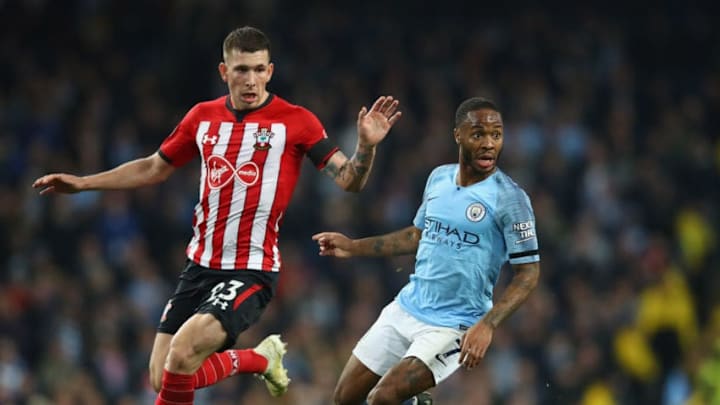 MANCHESTER, ENGLAND - NOVEMBER 04: Raheem Sterling of Manchester City moves away from Pierre-Emile Hojbjerg of Southampton during the Premier League match between Manchester City and Southampton FC at Etihad Stadium on November 4, 2018 in Manchester, United Kingdom. (Photo by Clive Brunskill/Getty Images)