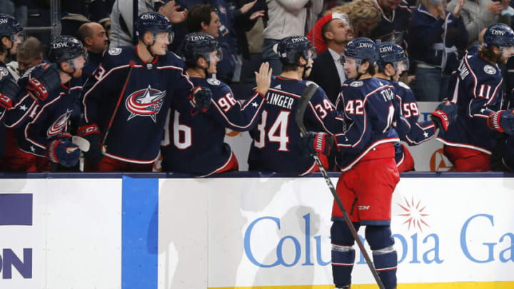 Nov 6, 2021; Columbus, Ohio, USA; Columbus Blue Jackets center Alexandre Texier (42) celebrates a goal during the third period against the Colorado Avalanche at Nationwide Arena. Mandatory Credit: Russell LaBounty-USA TODAY Sports