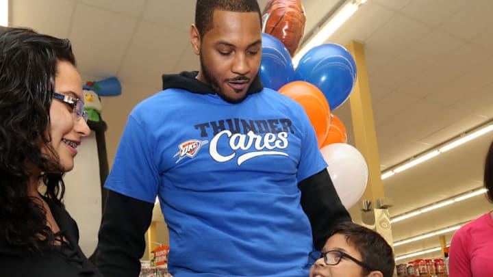 OKLAHOMA CITY, OK - NOVEMBER 2: Carmelo Anthony #7 of the OKC Thunder teams up with Homeland to provide the Garcia family with a shopping spree to stock up on groceries on November 2, 2017 at the Chesapeake Energy Arena in Oklahoma City, Oklahoma. Copyright 2017 NBAE (Photo by Layne Murdoch/NBAE via Getty Images)