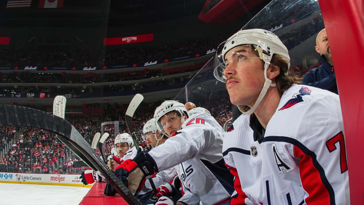 DETROIT, MI – NOVEMBER 30: T.J. Oshie #77 of the Washington Capitals looks up at the scoreboard from the bench during an NHL game against the Detroit Red Wings at Little Caesars Arena on November 30, 2019 in Detroit, Michigan. The Capitals defeated the Wings 5-2. (Photo by Dave Reginek/NHLI via Getty Images)