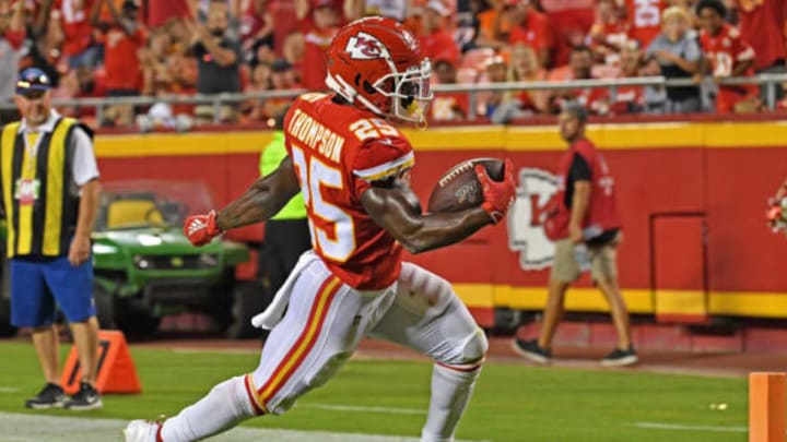 KANSAS CITY, MO – AUGUST 10: Darwin Thompson #25 of the Kansas City Chiefs rushes in for a touchdown during the third quarter against the Cincinnati Bengals at Arrowhead Stadium on August 10, 2019, in Kansas City, Missouri. (Photo by Peter Aiken/Getty Images)