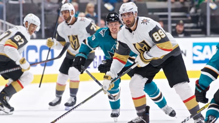 SAN JOSE, CA – SEPTEMBER 21: Vegas Golden Knights right wing Alex Tuch (89) looks for a pass during the San Jose Sharks game versus the Vegas Golden Knights on September 21, 2019, at SAP Center at San Jose in San Jose, CA.” (Photo by Matt Cohen/Icon Sportswire via Getty Images)