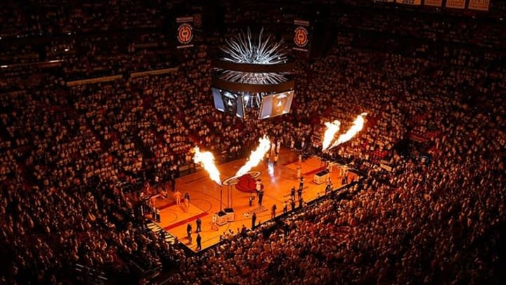 May 30, 2013; Miami, FL, USA; A general view of American Airlines Arena during the introduction of Miami Heat players before game five of the Eastern Conference finals of the 2013 NBA Playoffs against the Indiana Pacers. The Heat won 90-79. Mandatory Credit: Robert Mayer-USA TODAY Sports
