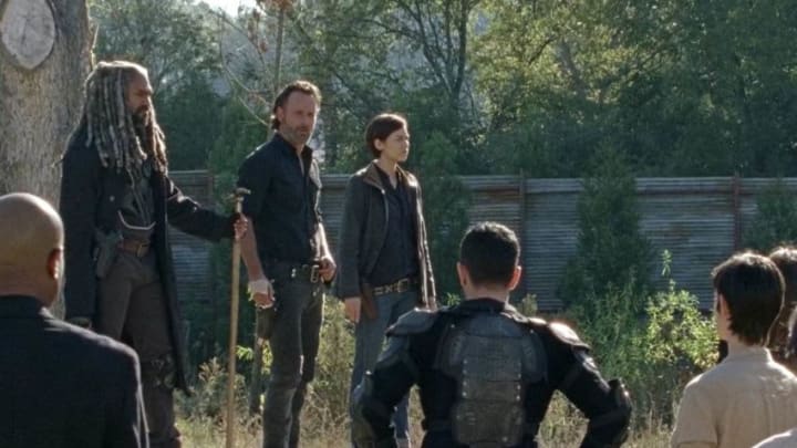 Khary Payton as King Ezekiel, Andrew Lincoln as Rick Grimes, Lauren Cohan as Maggie Rhee, The Walking Dead -- AMC