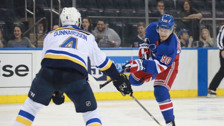 NEW YORK, NEW YORK - MARCH 29: Vladislav Namestnikov #90 of the New York Rangers skates against the St. Louis Blues at Madison Square Garden on March 29, 2019 in New York City. The Rangers defeated the Blues 4-2. (Photo by Bruce Bennett/Getty Images) NEW YORK, NEW YORK - MARCH 29: Vladislav Namestnikov #90 of the New York Rangers skates against the St. Louis Blues at Madison Square Garden on March 29, 2019 in New York City. The Rangers defeated the Blues 4-2. (Photo by Bruce Bennett/Getty Images)