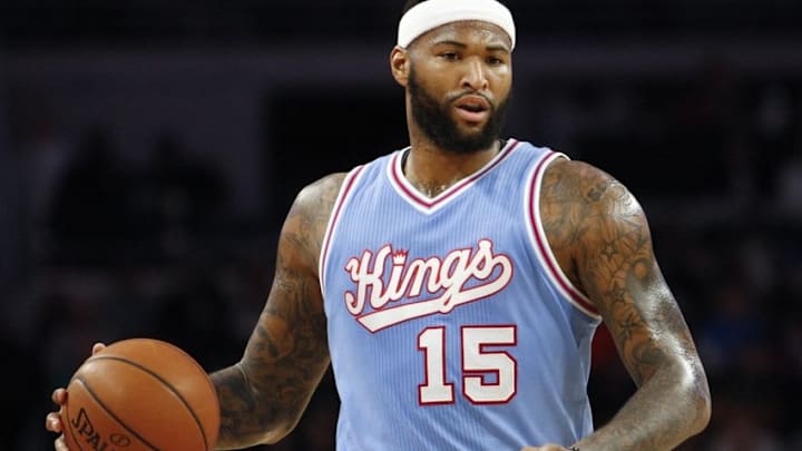 Mar 18, 2016; Auburn Hills, MI, USA; Sacramento Kings center DeMarcus Cousins (15) dribbles the ball up the court during the second quarter against the Detroit Pistons at The Palace of Auburn Hills. Pistons win 115-108. Mandatory Credit: Raj Mehta-USA TODAY Sports