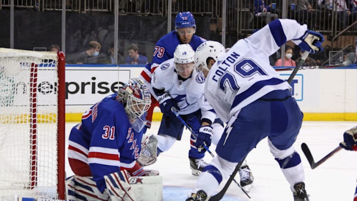 NEW YORK, NEW YORK - JANUARY 02: Igor Shesterkin #31 of the New York Rangers makes the first period save on Ross Colton #79 of the Tampa Bay Lightning at Madison Square Garden on January 02, 2022 in New York City. (Photo by Bruce Bennett/Getty Images)