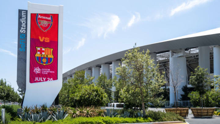 INGLEWOOD, CALIFORNIA - JULY 16: A general view of the SoFi Stadium home of the Los Angeles Rams and Los Angeles Chargers and a venue for the FIFA World Cup 2026 advertising the pre-season tour picture between Arsenal v Barcelona on July 26 during the Concacaf Gold Cup final match between Mexico and Panama at SoFi Stadium on July 16, 2023 in Inglewood, California. (Photo by Matthew Ashton - AMA/Getty Images)