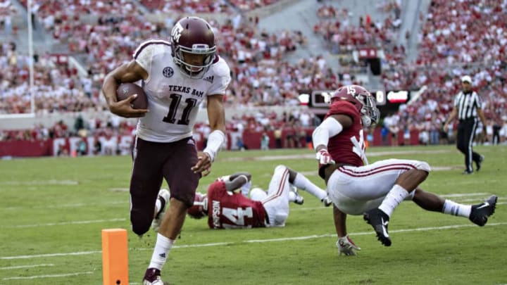 TUSCALOOSA, AL - SEPTEMBER 22: Kellen Mond #11 of the Texas A&M Aggies runs the ball in for a touchdown during a game against the Alabama Crimson Tide at Bryant-Denny Stadium on September 22, 2018 in Tuscaloosa, Alabama. The Crimson Tide defeated the Aggies 45-23. (Photo by Wesley Hitt/Getty Images)