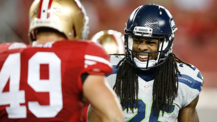 SANTA CLARA, CA - OCTOBER 22: Richard Sherman #25 of the Seattle Seahawks reacts to a play against the San Francisco 49ers during their NFL game at Levi's Stadium on October 22, 2015 in Santa Clara, California. (Photo by Ezra Shaw/Getty Images)