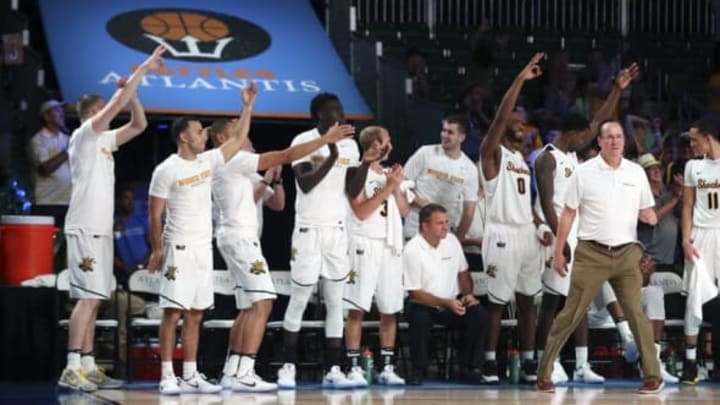 Nov 23, 2016; Paradise Island, BAHAMAS; Wichita State Shockers bench reacts during the second half against the LSU Tigers in the 2016 Battle 4 Atlantis in the Imperial Arena at the Atlantis Resort. Mandatory Credit: Kevin Jairaj-USA TODAY Sports