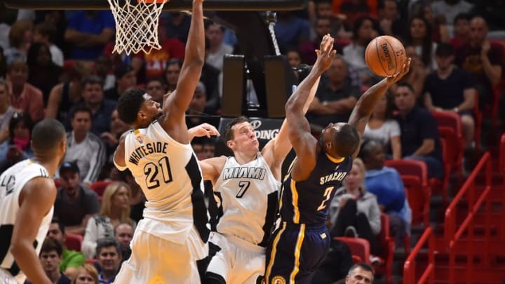 Dec 14, 2016; Miami, FL, USA; Miami Heat center Hassan Whiteside (21) and guard Goran Dragic (7) apply pressure on Indiana Pacers guard Rodney Stuckey (2) during the second half at American Airlines Arena. The Miami Heat defeat Indiana Pacers 95-89. Mandatory Credit: Jasen Vinlove-USA TODAY Sports Dec 14, 2016; Miami, FL, USA; Miami Heat center Hassan Whiteside (21) and guard Goran Dragic (7) apply pressure on Indiana Pacers guard Rodney Stuckey (2) during the second half at American Airlines Arena. The Miami Heat defeat Indiana Pacers 95-89. Mandatory Credit: Jasen Vinlove-USA TODAY Sports