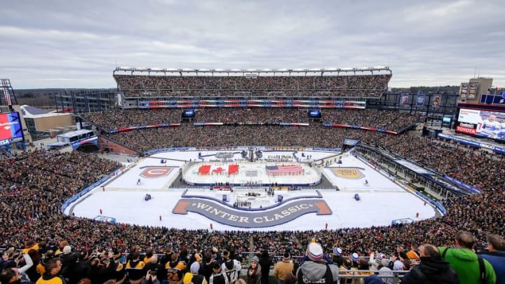 Jan 1, 2016; Foxborough, MA, USA; A general view of Gillette Stadium during the National Anthem before the Winter Classic hockey game at Gillette Stadium. Mandatory Credit: Brian Fluharty-USA TODAY Sports