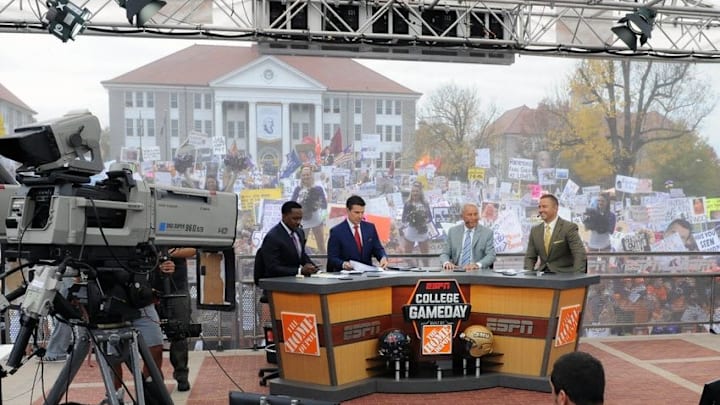 Oct 24, 2015; Harrisonburg, VA, USA; General view of ESPN Gameday set during the broadcast in the front of Wilson Hall on the campus of James Madison University prior to the homecoming game between Richmond and James Madison at Bridgeforth Stadium. Mandatory Credit: Brad Mills-USA TODAY Sports