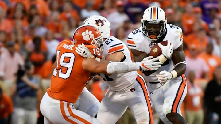 CLEMSON, SC - SEPTEMBER 09: Running back Kamryn Pettway #36 of the Auburn Tigers runs the ball against the Clemson Tigers during the football game at Memorial Stadium on September 9, 2017 in Clemson, South Carolina. (Photo by Mike Comer/Getty Images)