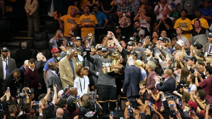 June 19, 2016; Oakland, CA, USA; Cleveland Cavaliers forward LeBron James (23) and the Cavaliers celebrate the championship victory against the Golden State Warriors following game seven of the NBA Finals at Oracle Arena. Mandatory Credit: Kelley L Cox-USA TODAY Sports