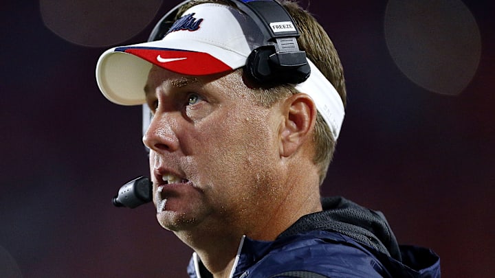 OXFORD, MS – OCTOBER 01: Head coach Hugh Freeze of the Mississippi Rebels reacts during the second half of a game against the Memphis Tigers at Vaught-Hemingway Stadium on October 1, 2016 in Oxford, Mississippi. (Photo by Jonathan Bachman/Getty Images)