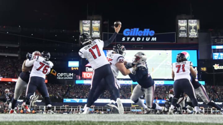 Jan 14, 2017; Foxborough, MA, USA; Houston Texans quarterback Brock Osweiler passes in the third quarter against the New England Patriots in the AFC Division Round playoff game at Gillette Stadium. Mandatory Credit: James Lang-USA TODAY Sports