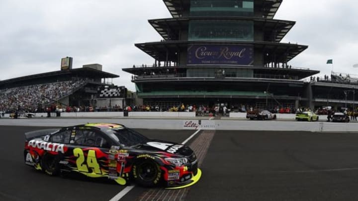 Jul 26, 2014; Indianapolis, IN, USA; NASCAR Sprint Cup Series driver Jeff Gordon (24) during qualifying for the Crown Royal Brickyard 400 at Indianapolis Motor Speedway. Mandatory Credit: Mike DiNovo-USA TODAY Sports