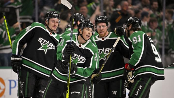 Nov 25, 2022; Dallas, Texas, USA; Dallas Stars left wing Jason Robertson (21) and center Roope Hintz (24) and center Joe Pavelski (16) and center Tyler Seguin (91) celebrates Robertson scoring the game tying goal against the Winnipeg Jets during the third period at the American Airlines Center. Mandatory Credit: Jerome Miron-USA TODAY Sports