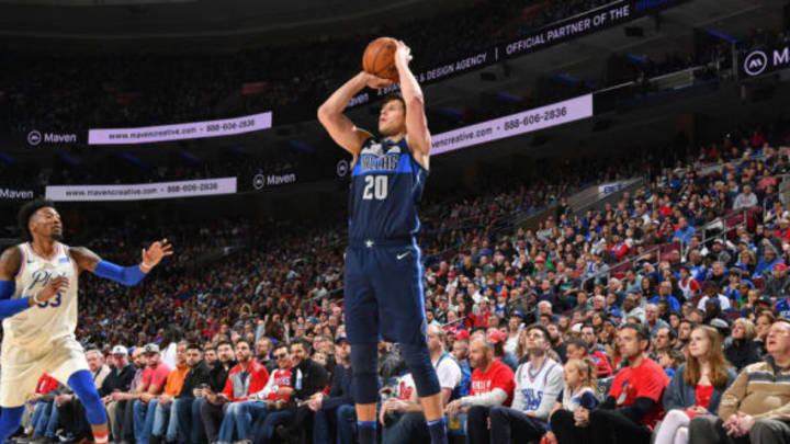 PHILADELPHIA, PA – APRIL 8: Doug McDermott #20 of the Dallas Mavericks shoots the ball against the Philadelphia 76ers on April 8, 2018 at Wells Fargo Center in Philadelphia, Pennsylvania. NOTE TO USER: User expressly acknowledges and agrees that, by downloading and/or using this photograph, user is consenting to the terms and conditions of the Getty Images License Agreement. Mandatory Copyright Notice: Copyright 2018 NBAE (Photo by Jesse D. Garrabrant/NBAE via Getty Images)