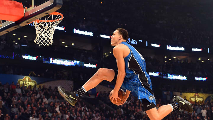 Feb 18, 2017; New Orleans, LA, USA; Orlando Magic forward Aaron Gordon (00) competes in the slam dunk contest during NBA All-Star Saturday Night at Smoothie King Center. Mandatory Credit: Bob Donnan-USA TODAY Sports
