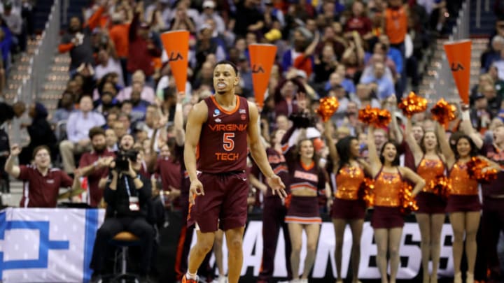 WASHINGTON, DC - MARCH 29: Wabissa Bede #3 of the Virginia Tech Hokies celebrates a three point basket against the Duke Blue Devils during the first half in the East Regional game of the 2019 NCAA Men's Basketball Tournament at Capital One Arena on March 29, 2019 in Washington, DC. (Photo by Patrick Smith/Getty Images)