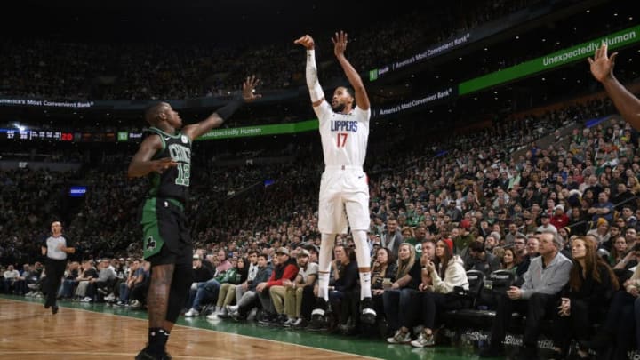 BOSTON, MA - FEBRUARY 9: Garrett Temple #17 of the LA Clippers shoots three point basket against the Boston Celtics on February 9, 2019 at the TD Garden in Boston, Massachusetts. NOTE TO USER: User expressly acknowledges and agrees that, by downloading and or using this photograph, User is consenting to the terms and conditions of the Getty Images License Agreement. Mandatory Copyright Notice: Copyright 2019 NBAE (Photo by Brian Babineau/NBAE via Getty Images)
