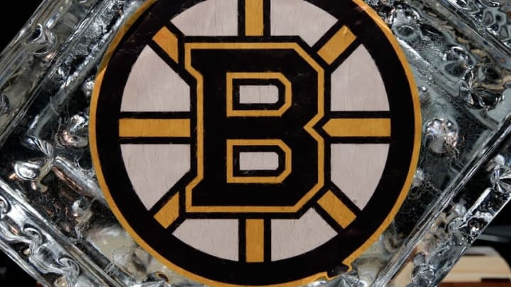 May 1, 2014; Boston, MA, USA; The Boston Bruins logo is frozen in ice before game one against the Montreal Canadiens in the second round of the 2014 Stanley Cup Playoffs at TD Banknorth Garden. Mandatory Credit: Greg M. Cooper-USA TODAY Sports