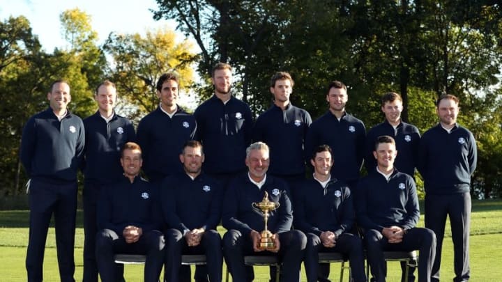 Sep 27, 2016; Chaska, MN, USA; The European Team photo on the 10th Fairway at Hazeltine National Golf Club ahead of the 41st Ryder Cup. Mandatory Credit: Rob Schumacher-USA TODAY Sports