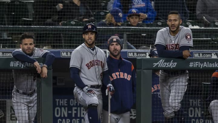 SEATTLE, WA - APRIL 18: From left, Alex Bregman #2 of the Houston Astros, George Springer #4 of the Houston Astros, Justin Verlander #35 of the Houston Astros and Carlos Correa #1 of the Houston Astros watch a play during a game against the Seattle Mariners at Safeco Field on April 18, 2018 in Seattle, Washington. The Astros won the game 7-1. (Photo by Stephen Brashear/Getty Images) *** Local Caption *** Jose Altuve;George Springer;Justin Verlander;Carlos Correa