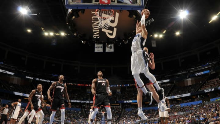 ORLANDO, FL - OCTOBER 7: Aaron Gordon #00 of the Orlando Magic dunks against the Miami Heat during a preseason game on October 8, 2017 at Amway Center in Orlando, Florida. NOTE TO USER: User expressly acknowledges and agrees that, by downloading and or using this photograph, User is consenting to the terms and conditions of the Getty Images License Agreement. Mandatory Copyright Notice: Copyright 2017 NBAE (Photo by Fernando Medina/NBAE via Getty Images)