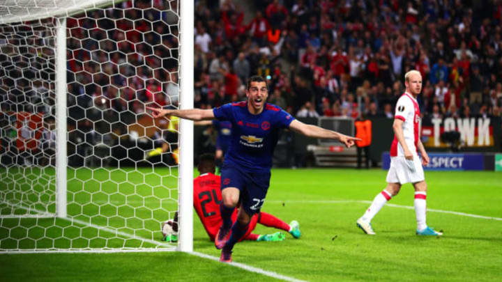 STOCKHOLM, SWEDEN – MAY 24: Henrikh Mkhitaryan of Manchester United celebrates scoring his side’s second goal during the UEFA Europa League Final match between Ajax and Manchester United at Friends Arena on May 24, 2017 in Stockholm, Sweden. (Photo by Chris Brunskill Ltd/Getty Images)