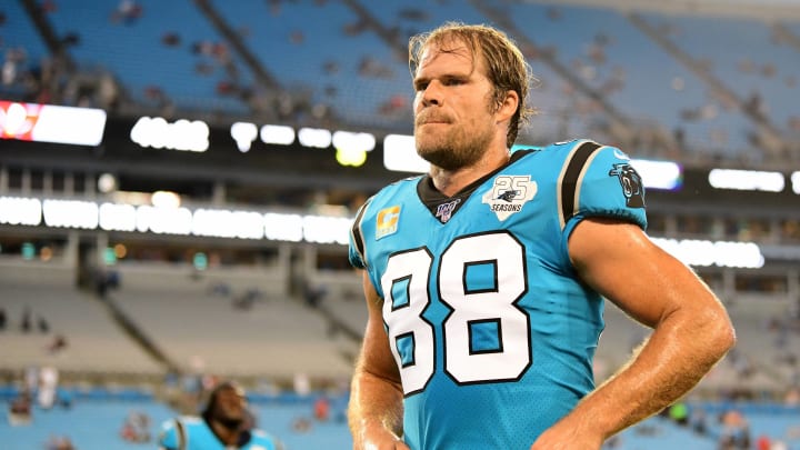 CHARLOTTE, NORTH CAROLINA – SEPTEMBER 12: Greg Olsen #88 of the Carolina Panthers warms up before their game against the Tampa Bay Buccaneers at Bank of America Stadium on September 12, 2019 in Charlotte, North Carolina. (Photo by Jacob Kupferman/Getty Images)