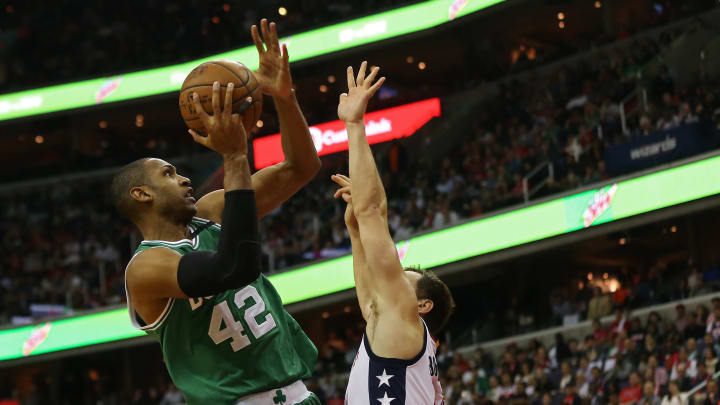May 4, 2017; Washington, DC, USA; Boston Celtics center Al Horford (42) shoots the ball as Washington Wizards guard Bojan Bogdanovic (44) defends in the second quarter in game three of the second round of the 2017 NBA Playoffs at Verizon Center. Mandatory Credit: Geoff Burke-USA TODAY Sports
