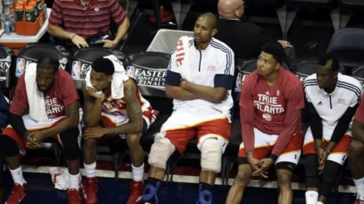 May 22, 2015; Atlanta, GA, USA; Atlanta Hawks center Al Horford (center) reacts during the fourth quarter in game two of the Eastern Conference Finals of the NBA Playoffs against the Cleveland Cavaliers at Philips Arena. Cavaliers won 94-82. Mandatory Credit: Dale Zanine-USA TODAY Sports