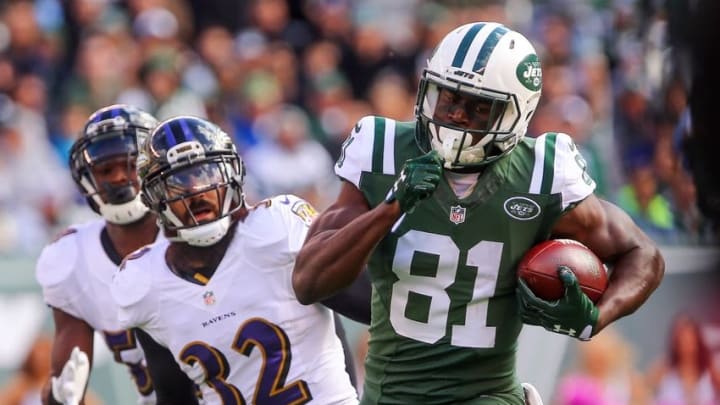 Oct 23, 2016; East Rutherford, NJ, USA; New York Jets wide receiver Quincy Enunwa (81) runs for a touchdown after catching a pass from Geno Smith (not shown) during the first half of their game against the Baltimore Ravens at MetLife Stadium. Mandatory Credit: Ed Mulholland-USA TODAY Sports